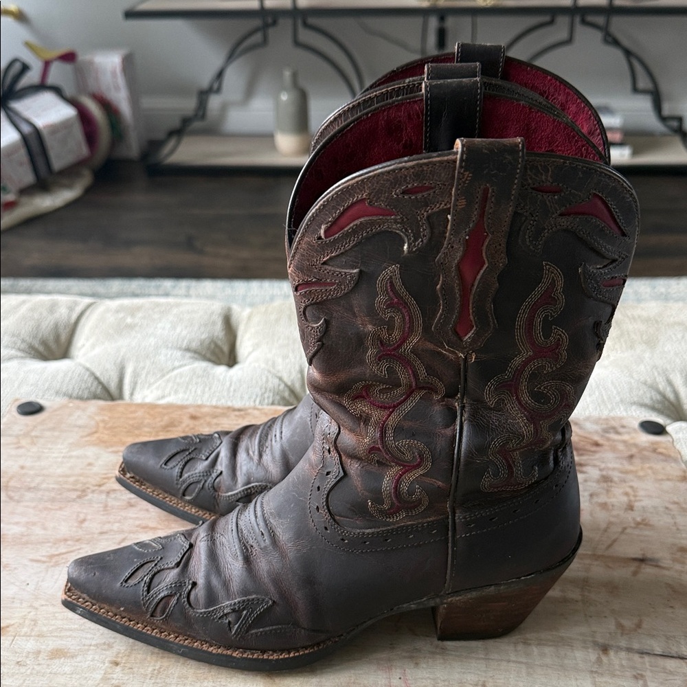 Ariat Brown Leather Western Heeled Boots with Red Accents - Picture 3 of 7